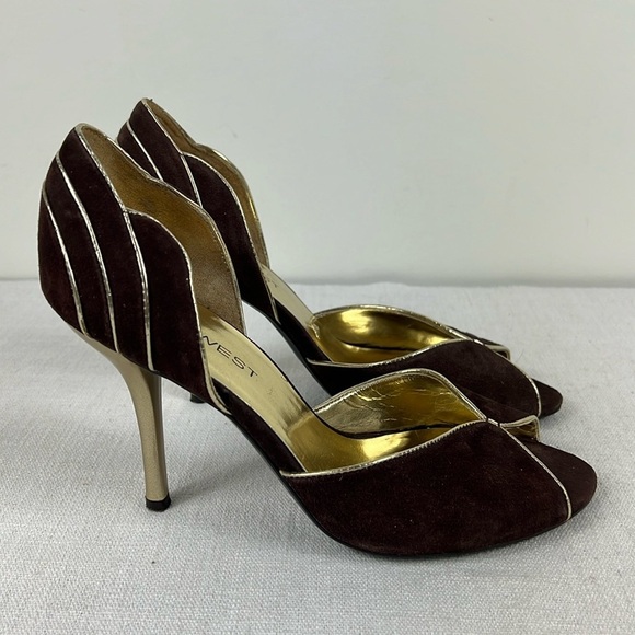 Nine West Shoes - Nine West Heels Pumps Shoes Womens 7 Brown Gold Suede Peep Toe Vintage Style